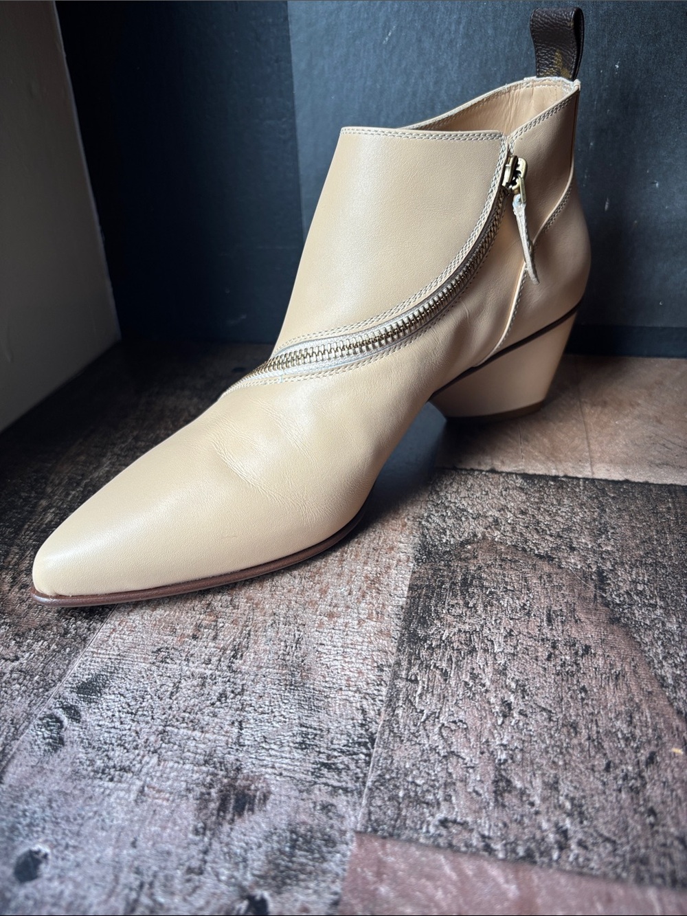 Louis Vuitton Beige Leather Pointed Ankle Boot with Angled Block Heel